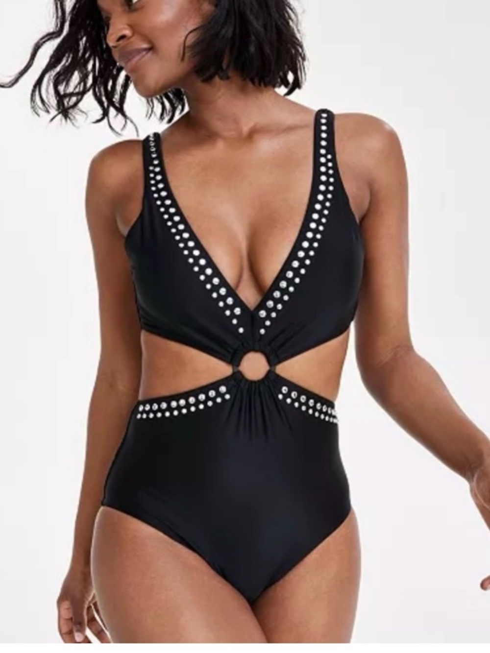 Bar III NWT M $95 Black One-Piece SEXY MONOKINI Silver Stud SWIMSUIT